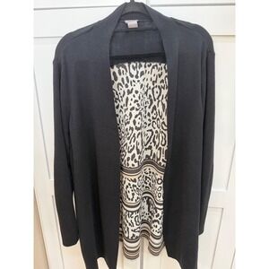 Chico's Leopard Print Mixed Media Open Front Cardigan Black Size 3 XL Longline